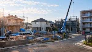 住宅街の建設現場とクレーン