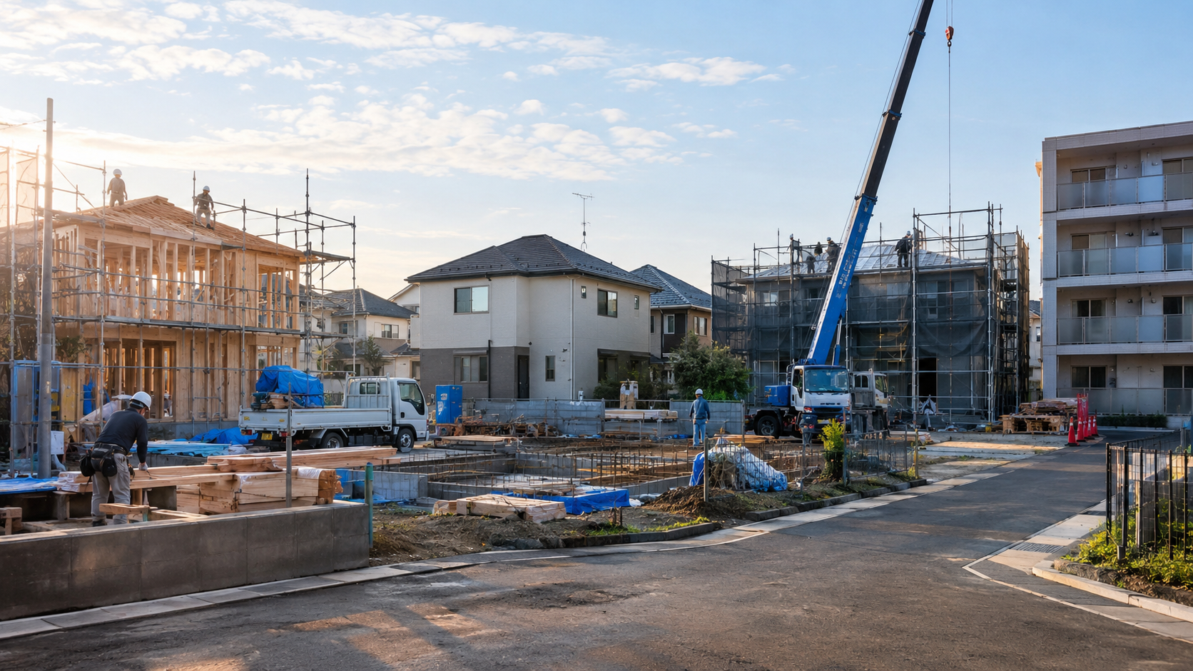 住宅街の建設現場とクレーン