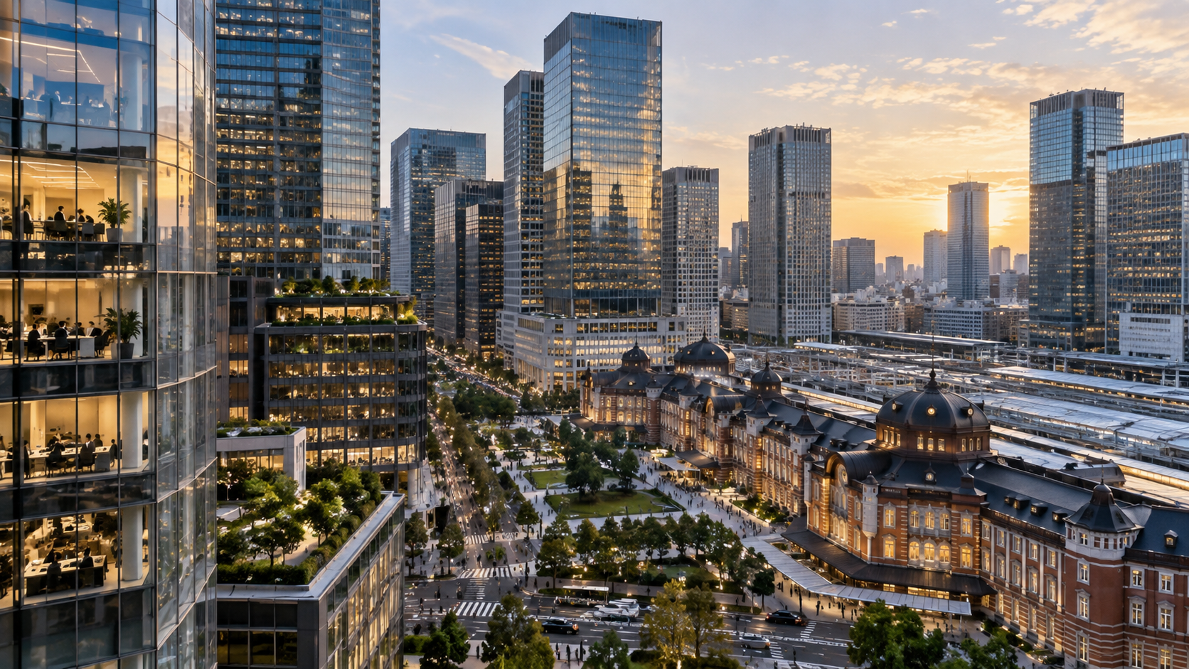 夕暮れの近代都市と歴史駅舎