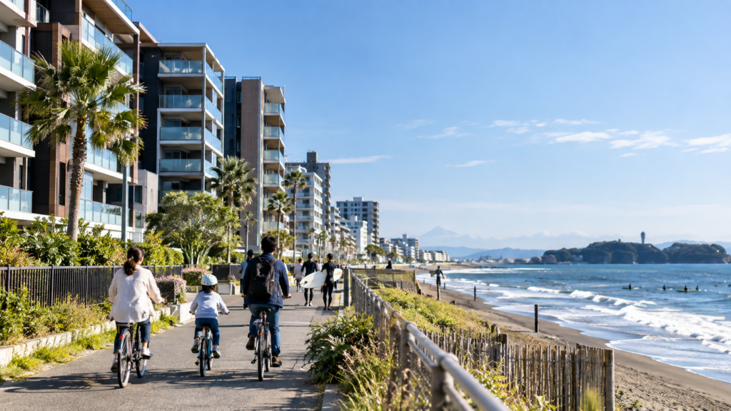 海辺の街を走る家族のサイクリング